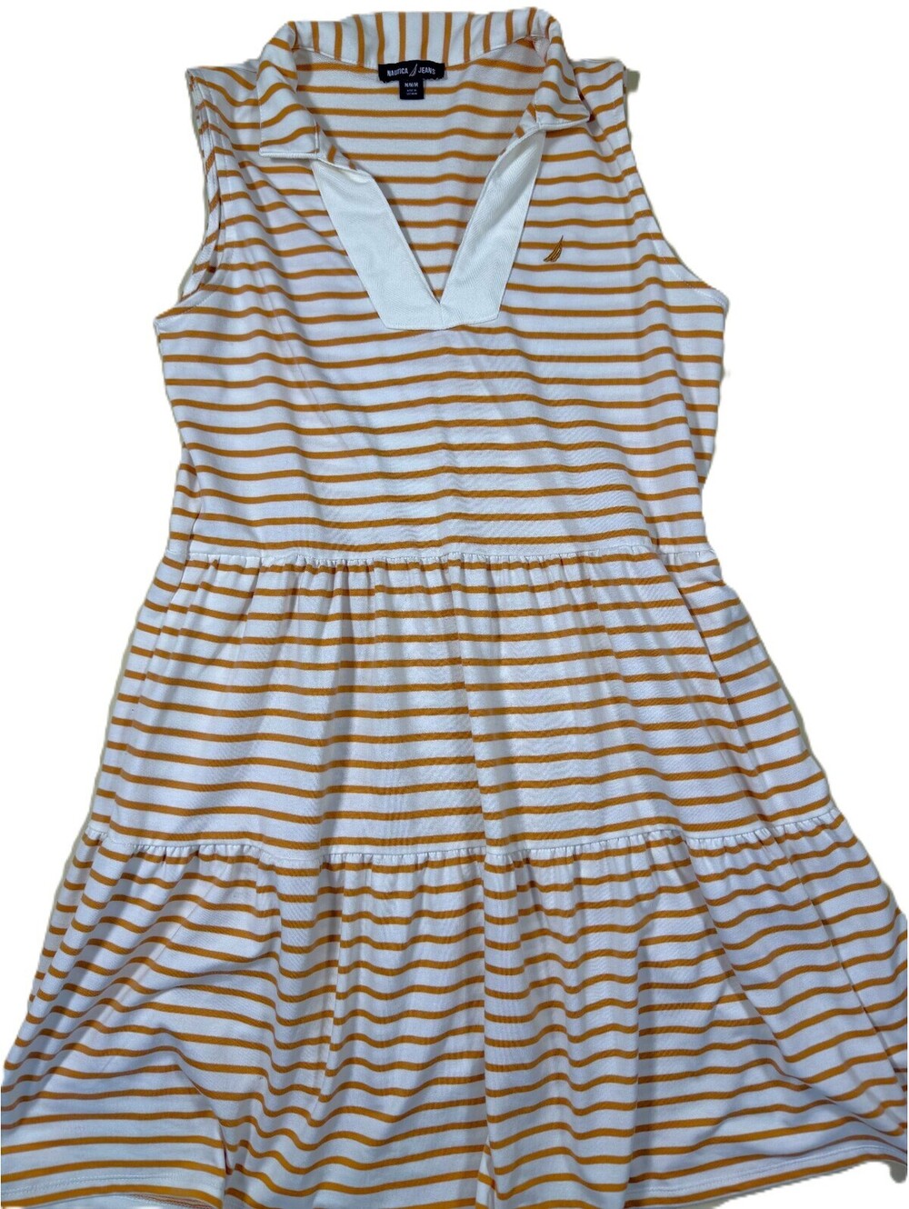 Nautica Jeans Co. Sleeveless Tiered Polo Dress Medium Almond/Ivory Striped